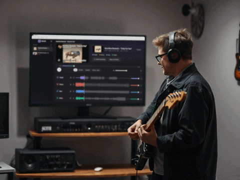 Guitar player plays in front of a monitor showing the app StemKit