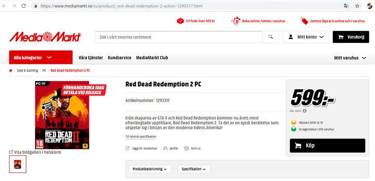 The full listing for "RDR2 for PC". (Source: MediaMarkt)