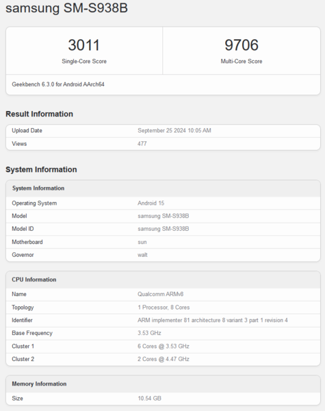 Snapdragon 8 Gen 4 for Galaxy new Geekbench listing (image source: Geekbench)
