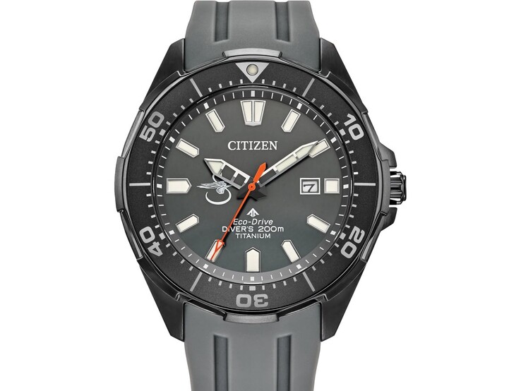 Citizen Promaster Seahawk x Sikorsky BN0207-06H with a gray dial, black dive bezel, orange seconds hand, and gray polyurethane strap.