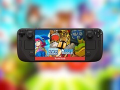 A promo picture of the Steam Deck with the cover of GDQ bundle. (Image Source: Valve and Humble - edited)