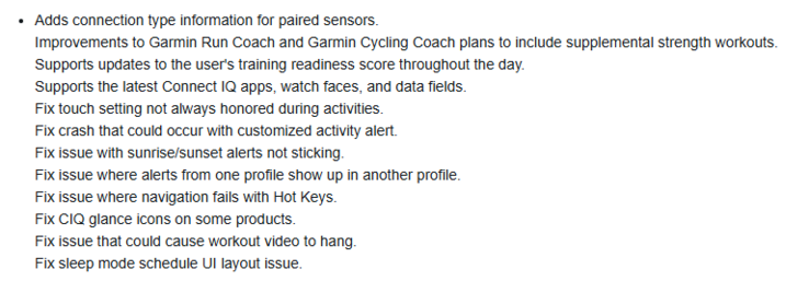 The change log for beta version 22.12 for various Garmin Forerunner smartwatches. (Image source: Garmin)