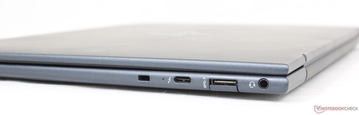 Right: Nano lock slot, USB-C 4 w/ Thunderbolt 4 + DisplayPort 1.4 + Power Delivery, USB-A 5 Gbps, 3.5 mm headset
