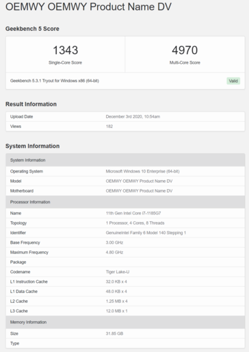 Microsoft Surface Pro Intel Core i7-1185G7 Geekbench - CPU. (Source: Geekbench)