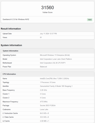 Intel Arc 140V Vulkan score (image via Geekbench)