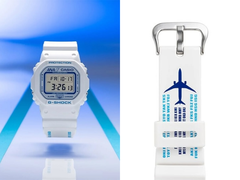 Pictured - The Casio x ANA DW-5600 collab watch, alongside a close up of the strap with aviation-themed details. (Image source: @geesgshock on Instagram - edited)