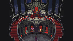 Chained Echoes Steam screenshot showing playable characters in a gloomy throne room