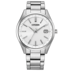 Citizen CB0300-53A radio-controlled Eco-Drive watch with a white dial, stainless steel case and bracelet, applied baton indices, and a date window at 3 o'clock.