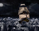 A screenshot from Crowalt's debut trailer showing a ship against the moonlit sky. 