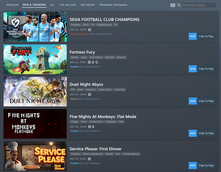 Current New & Trending list (Image source: Steam)