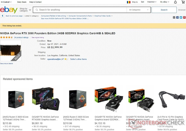 NVIDIA GeForce RTX 3090 Founders Edition sold on eBay for US$2,999.99 and other insane prices (Source: Own)