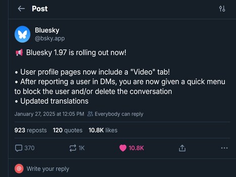 Bluesky video tab announcement (Image source: official Bluesky account)