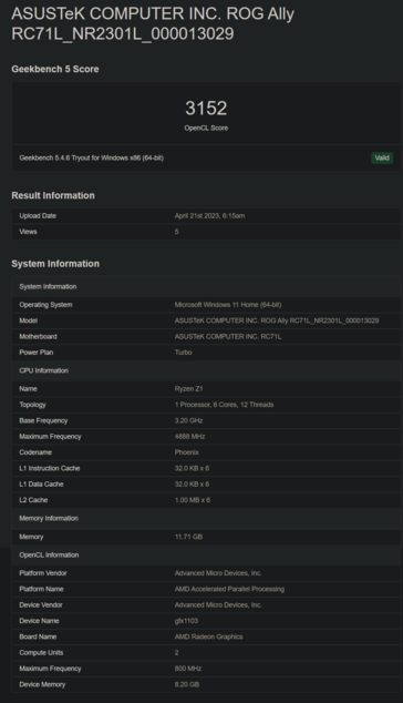 Asus ROG Ally در Geekbench (تصویر از طریق Geekbench)