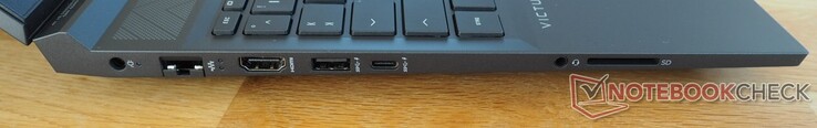 Left side: power connection, RJ45-LAN, HDMI 2.1, USB-A 3.0, USB-C 3.0 (incl. DisplayPort), audio port, card reader