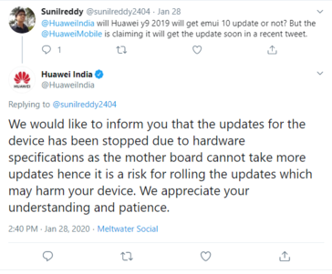 The Indian variant of the Huawei Y9 (2019) will not be updated to EMUI 10. (Source: Huawei India on Twitter)