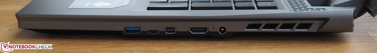 Right side: USB 3.0 Type-A port, Thunderbolt 3 port, Mini-DisplayPort 1.4 output, HDMI 2.0 output, power jack