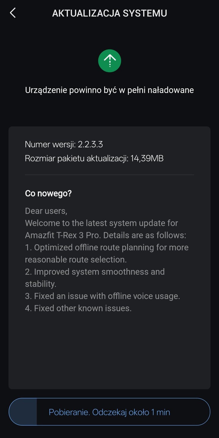 The release notes for the version 2.2.3.3 update for the Amazfit T-Rex 3 Pro smartwatch. (Image source: Amazfit)