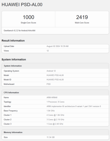 Kirin 8000 Geekbench score (image source: Geekbench)