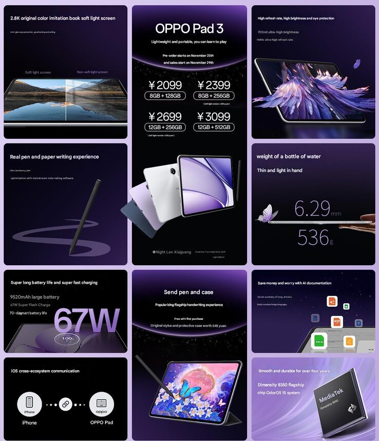 Main highlights of Oppo Pad 3 (Image source: Oppo - machine translated)