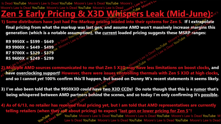 Ryzen 9000 desktop rumoured prices (image via Moore's Law is Dead)