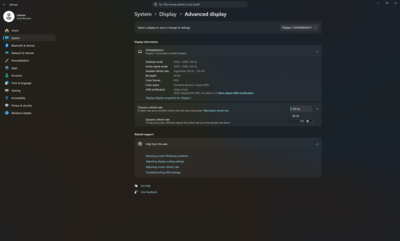 Windows Advanced display settings with refresh rate options