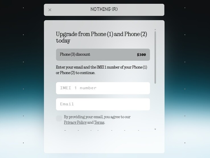Phone 1 or Phone 2 IMEI is needed to get the $300 Nothing Phone 3 discount. (Image source: Nothing)