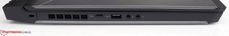 Left side: Noble lock, USB 3.0 Type-C, USB 3.0 Type-A, microphone, headphones