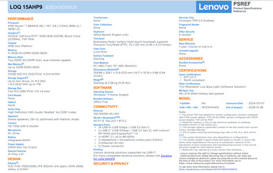 2024 Lenovo LOQ 15 83DX0005US 规格表（图片来源：Lenovo）