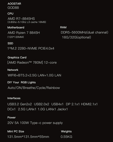 Complete spec sheet (Image source: AOOSTAR)