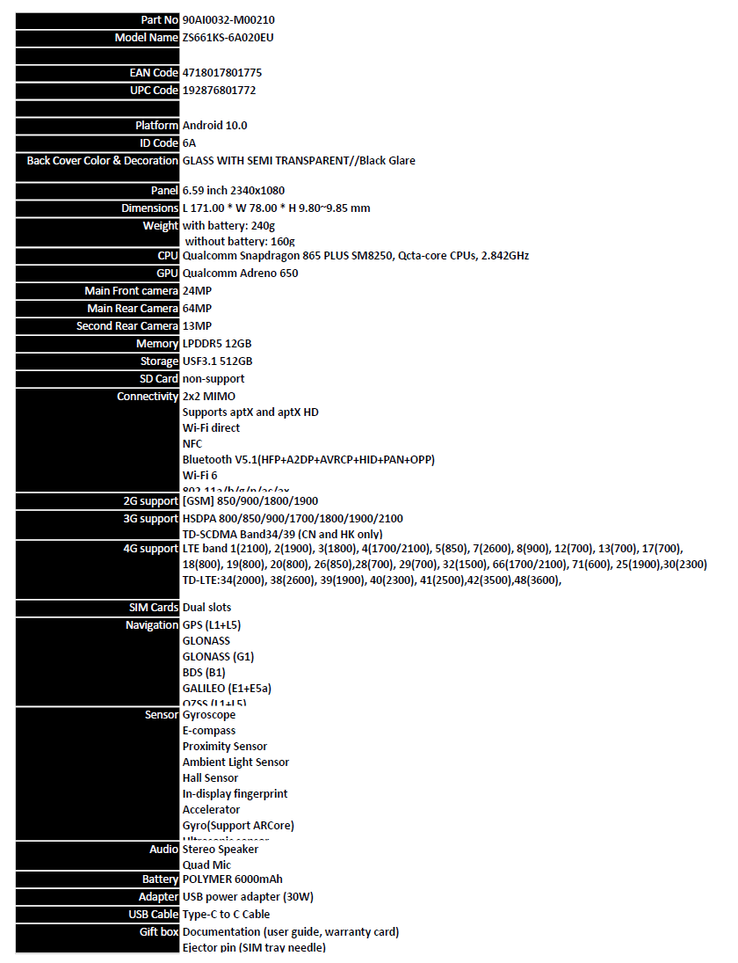 Asus ROG Phone 3 ZS661KS-6A020EU - Specifications. (Source: MobileForYou.de)