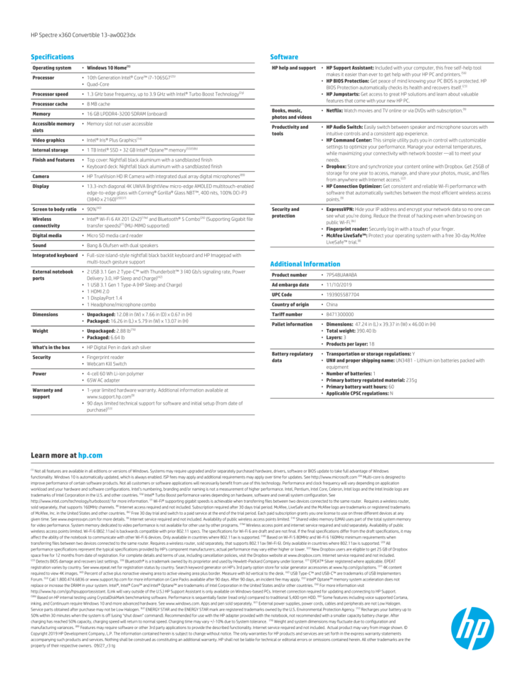 Spectre x360 13 aw0023 specifications (Source: HP)