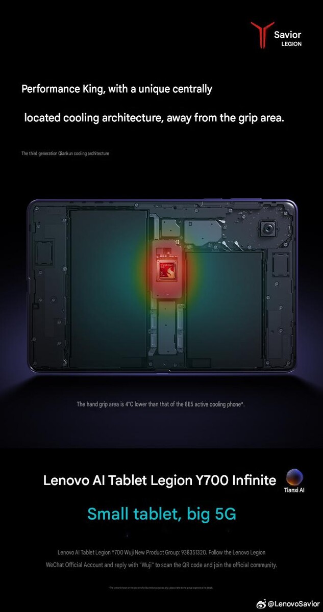 Internal layout of the Lenovo Legion Y700 Infinite showing the centrally positioned Snapdragon processor and thermal architecture designed to keep the tablet's grip area cooler during gaming.