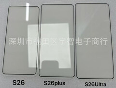 The Galaxy S26 series may look more similar than previous models, Galaxy S26, Galaxy S26 Plus and Galaxy S26 Ultra screen protectors from left to right. (Image source: via Ice Universe)