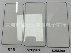The Galaxy S26 series may look more similar than previous models, Galaxy S26, Galaxy S26 Plus and Galaxy S26 Ultra screen protectors from left to right. (Image source: via Ice Universe)