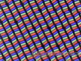 Sharp RGB subpixels from the thin glossy overlay. Graininess is minimal