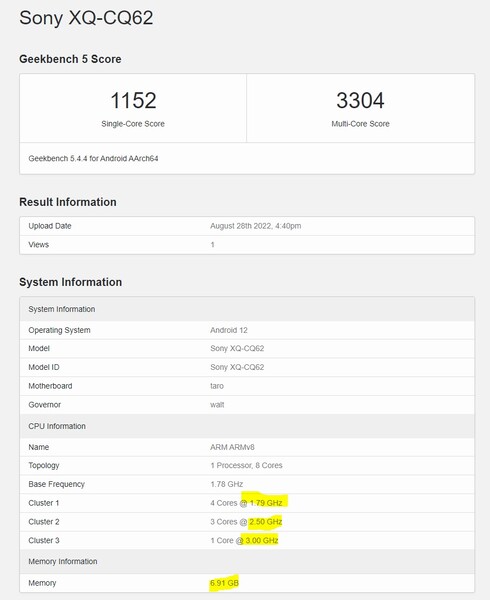 Alleged Sony Xperia 5 IV Geekbench record. (Image source: SmartphoneDigest)