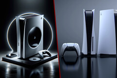 Is it better to use an AI-generated image (left) of an upcoming device (PS5 Pro) or use a stand-in official image (PS5; right) until the actual product is spotted? (Image source: Dall-E 3 / SIE - edited)