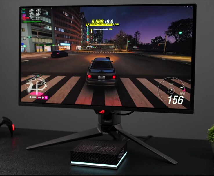 AMD Ryzen AI Max+ 395 mini PC running SteamOS gameplay on an external gaming monitor