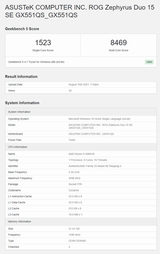 Asus ROG Zephyrus Duo 15 SE with Ryzen 9 5980HX and RTX 3080 - Geekbench CPU scores. (Source: Geekbench)