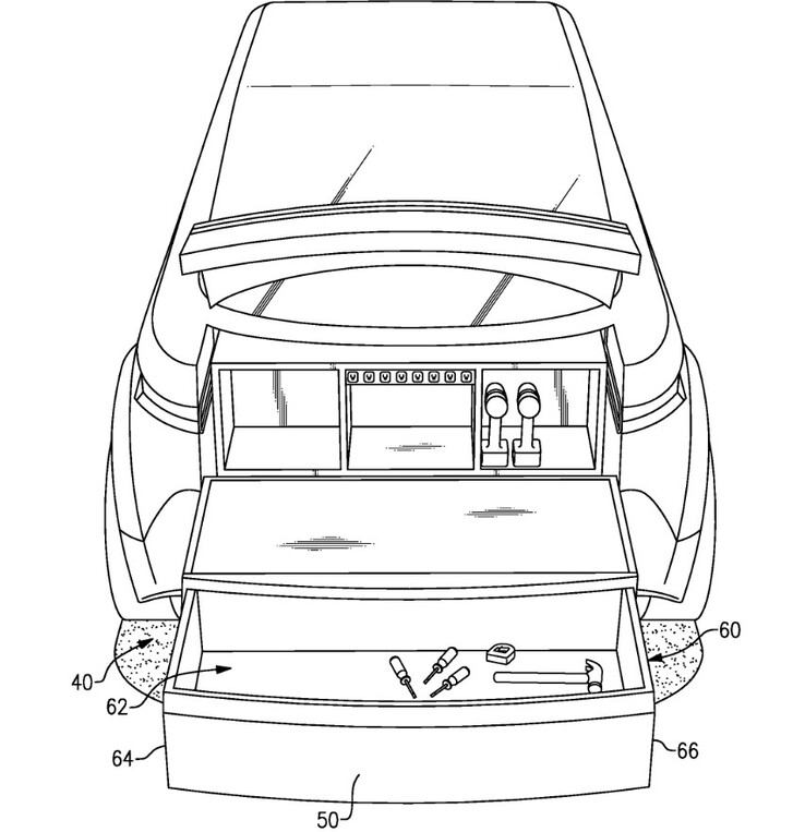 Ford seems to intend the F-150 Lightning frunk add-on as a work surface, given all of the practical space and features it contains. (Image source: US Patent Application Publication)
