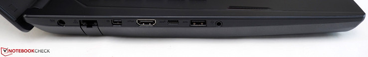 Left: DC-in, RJ45-LAN, mini DisplayPort, HDMI, USB-C 3.1 Gen2, USB-A 3.0, 3.5 mm jack