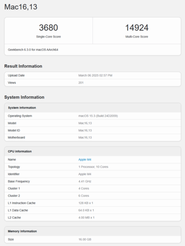 M4 MacBook Air Geekbench CPU score (image source: Geekbench)