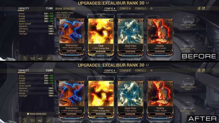 A demonstration of how the stat and mod changes have affected a top-level Excalibur. (Image source: Digital Extremes)