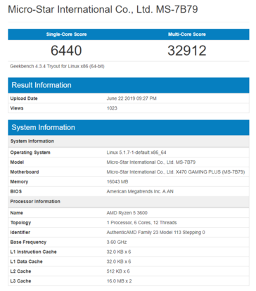 AMD Ryzen 5 3600 on Geekbench, OS - Linux. (Source: Geekbench)