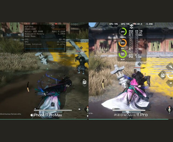 Where Winds Meet Mobile performance comparison between iPhone 17 Pro Max and RedMagic 11 Pro with on-screen metrics (Image source: Dame Tech via YouTube)