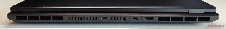 Rear: USB-C 4.0 with Thunderbolt 4 (40 Gbps, DisplayPort 2.1 via iGPU, 140 W Power Delivery), power connector, Mini DisplayPort 2.1 (via dGPU, DP40/UHBR10, VRR/G-Sync), HDMI 2.1 (via dGPU, 48 Gbps, HDCP 2.3, VRR/G-Sync)