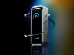 The refreshed model has a 22cm bundle USB-C cable. Pictured: promo picture showing the front of the power bank. (Image source: Anker - edited)