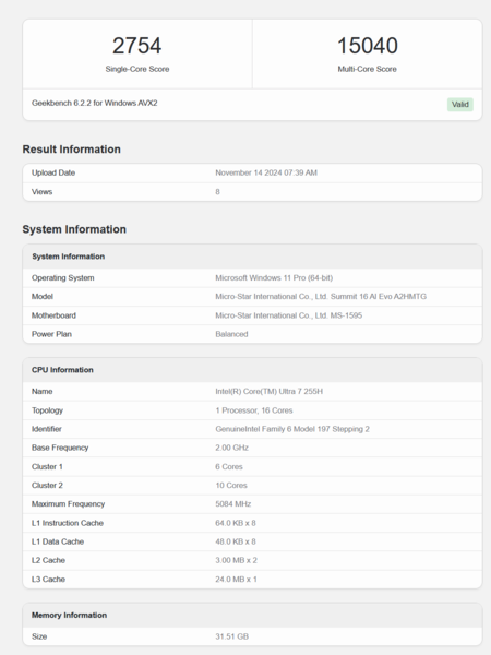 Intel Core Ultra 7 255H Geekbench performance (image source: Geekbench)