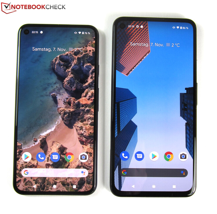 The 6-inch Google Pixel 5 on the left, the 6.2-inch Google Pixel 4a 5G on the right