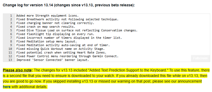 The change log for Garmin Fenix 8 beta update version 13.14. (Image source: Garmin)